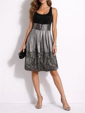 R&M Richards Black Silver Embroidered Hem Cocktail Dress 16W